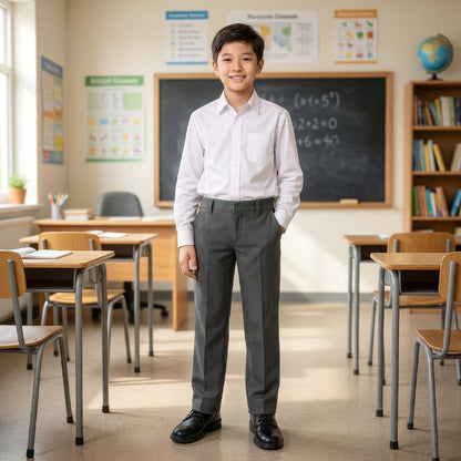 Grey Slim Fit Half Elastic With Zip & Clip Boys School Trouser