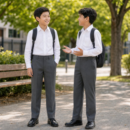 Pack of 2 Grey Slim Fit Half Elastic With Zip & Clip Boys School Trousers
