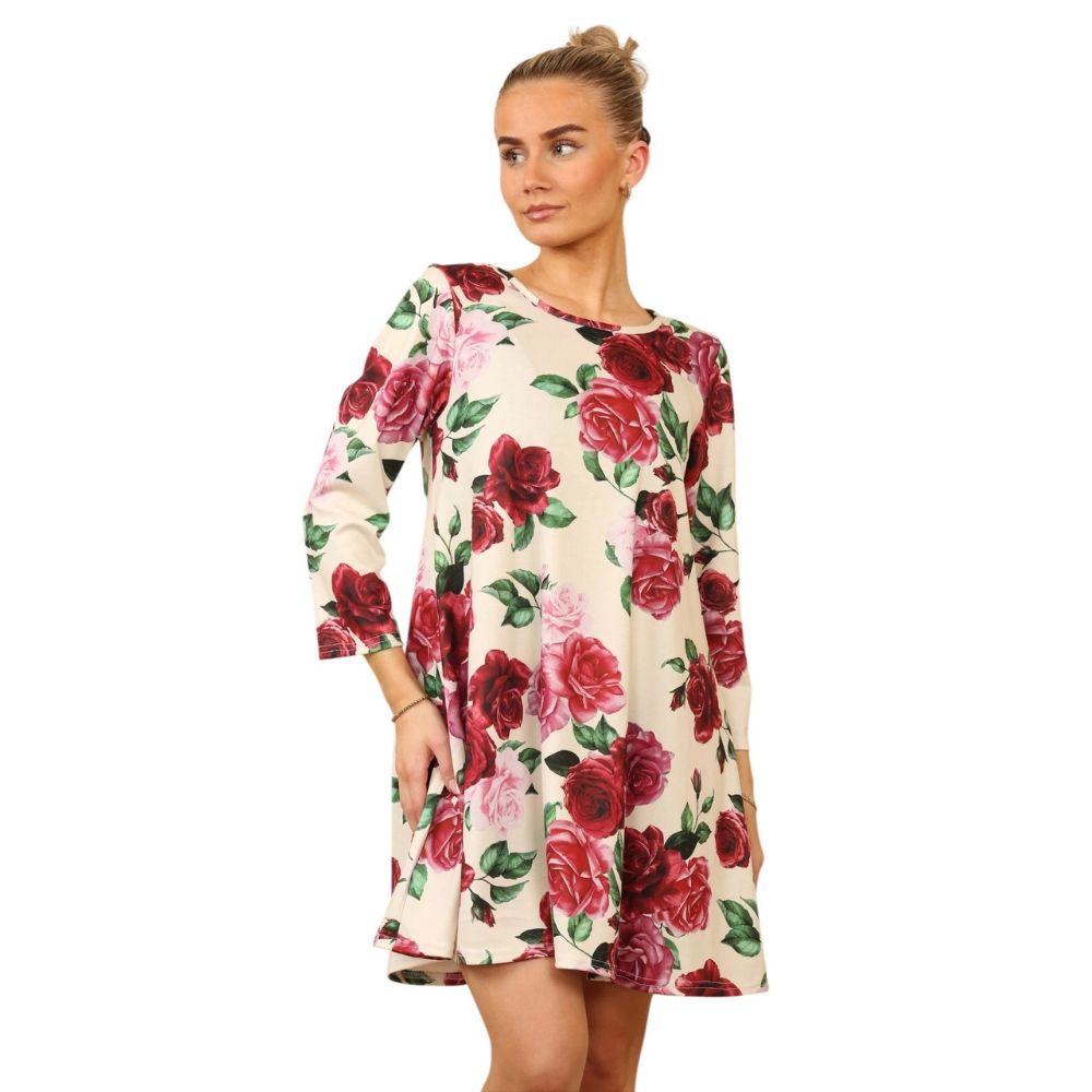 Cream Blossom Casual Loose Swing Summer Dress