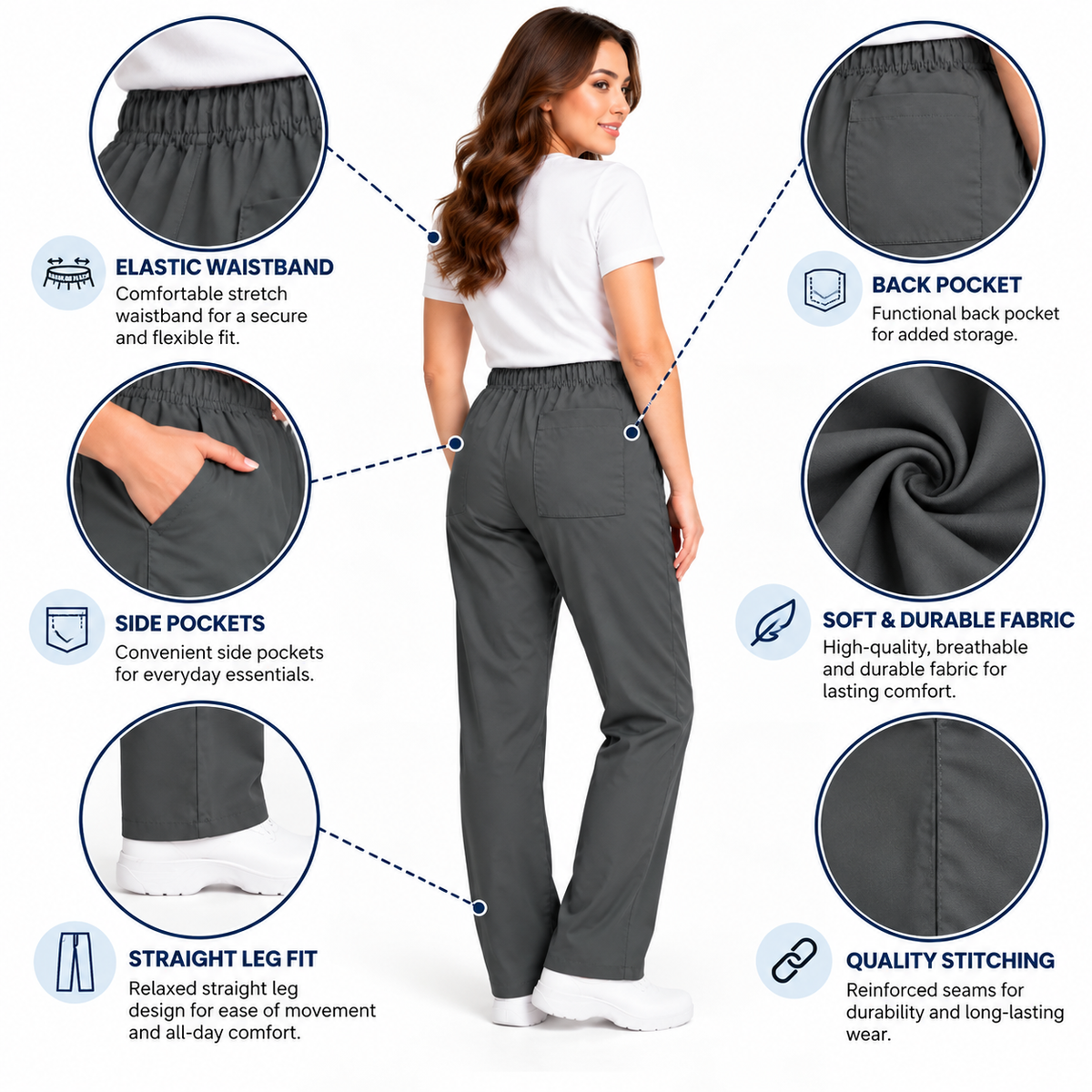 Women's healthcare uniform trousers features