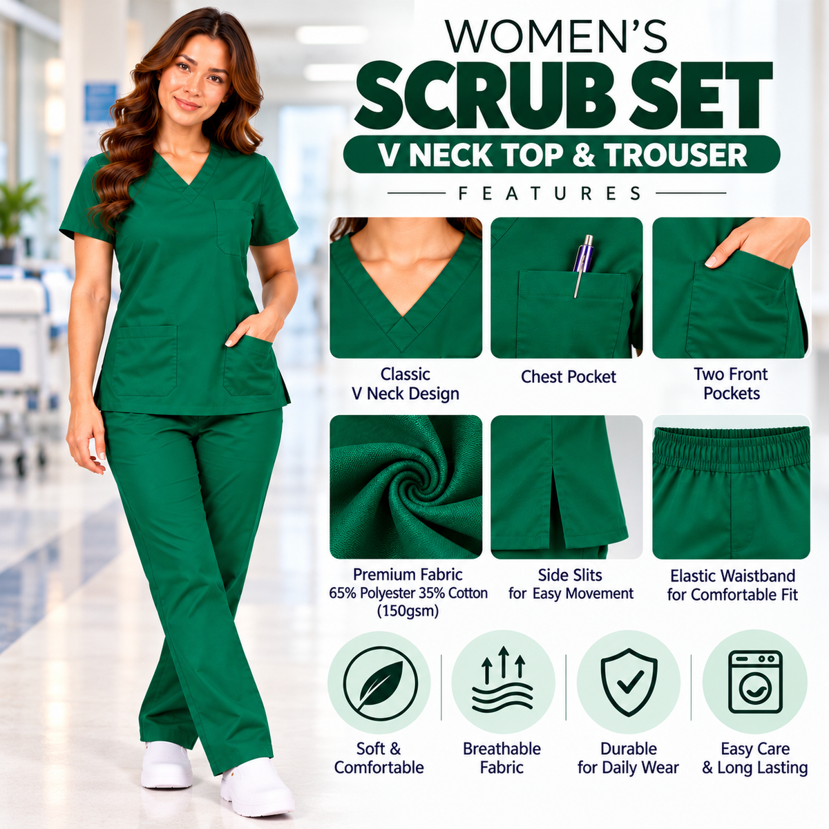 Women's medical scrub set features