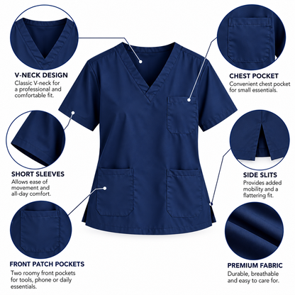 Women's V-neck medical scrub top features