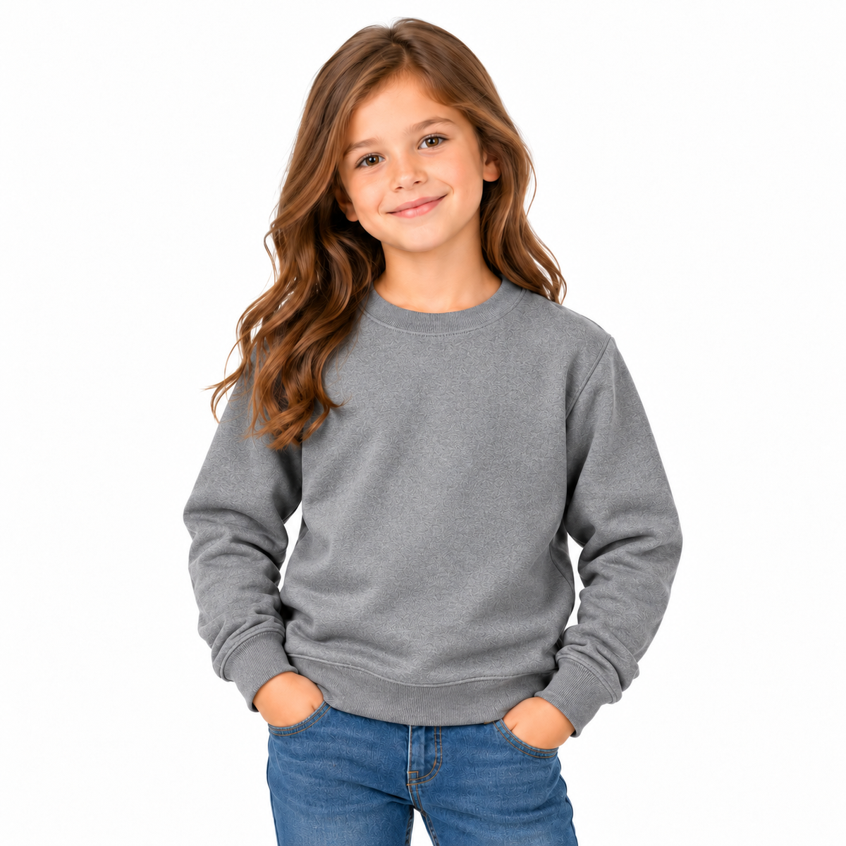 Grey Girls' Crew Neck Fleece Sweatshirt