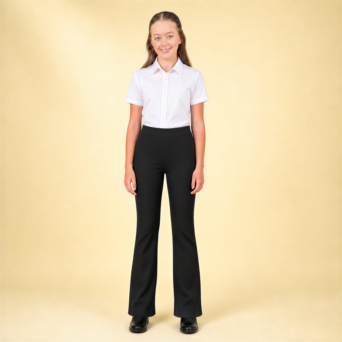 Black Bootleg Pull-On School Trouser – Stretch Ribbed Fabric, Elasticated Waist