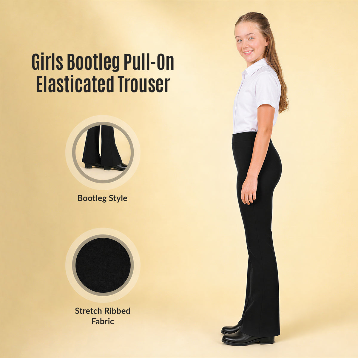 Black Bootleg Pull-On School Trouser – Stretch Ribbed Fabric, Elasticated Waist