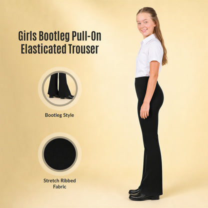 Black Bootleg Pull-On School Trouser – Stretch Ribbed Fabric, Elasticated Waist