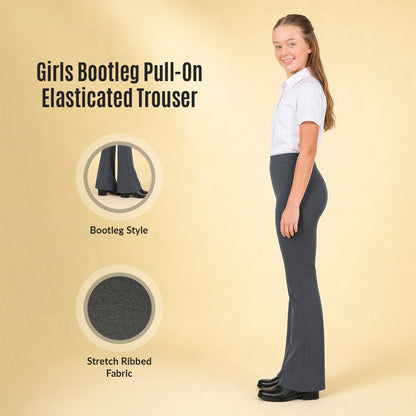 Grey Bootleg Pull-On School Trouser – Stretch Ribbed Fabric, Elasticated Waist