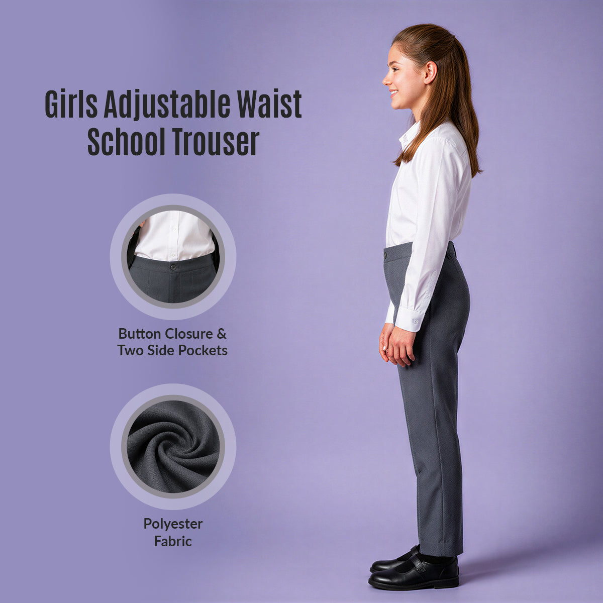 Pack of 2 Grey School Uniform Trousers – Adjustable Waist, Regular Fit