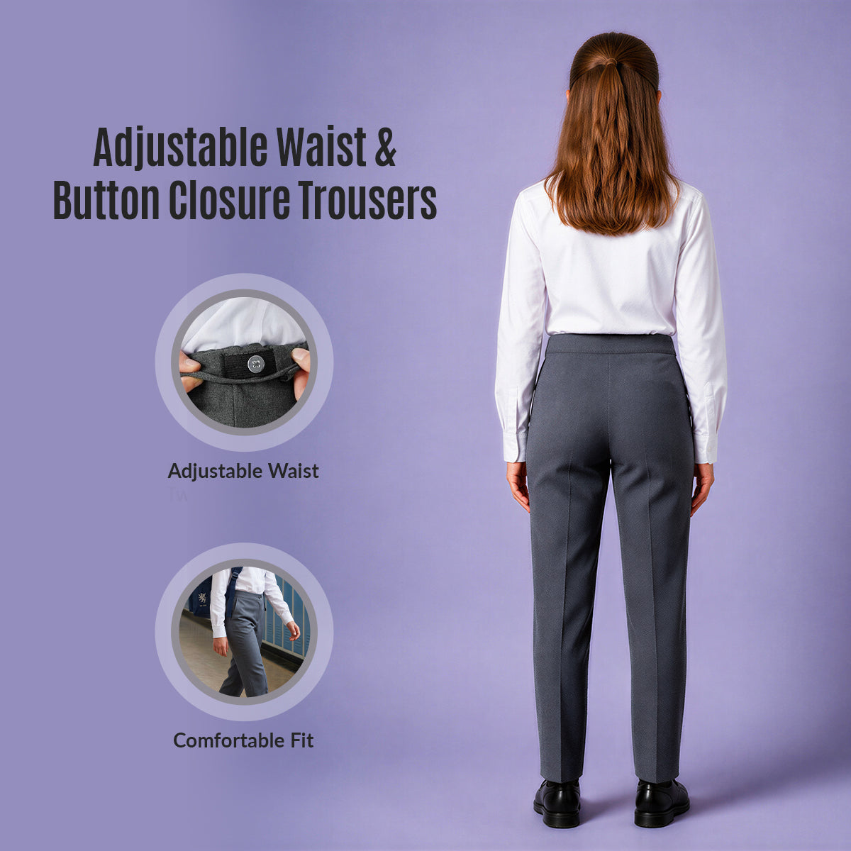 Pack of 2 Grey School Uniform Trousers – Adjustable Waist, Regular Fit