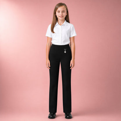 Pack of 2 Black Pull-On School Trousers – Half Elasticated Waist with Heart Pendant