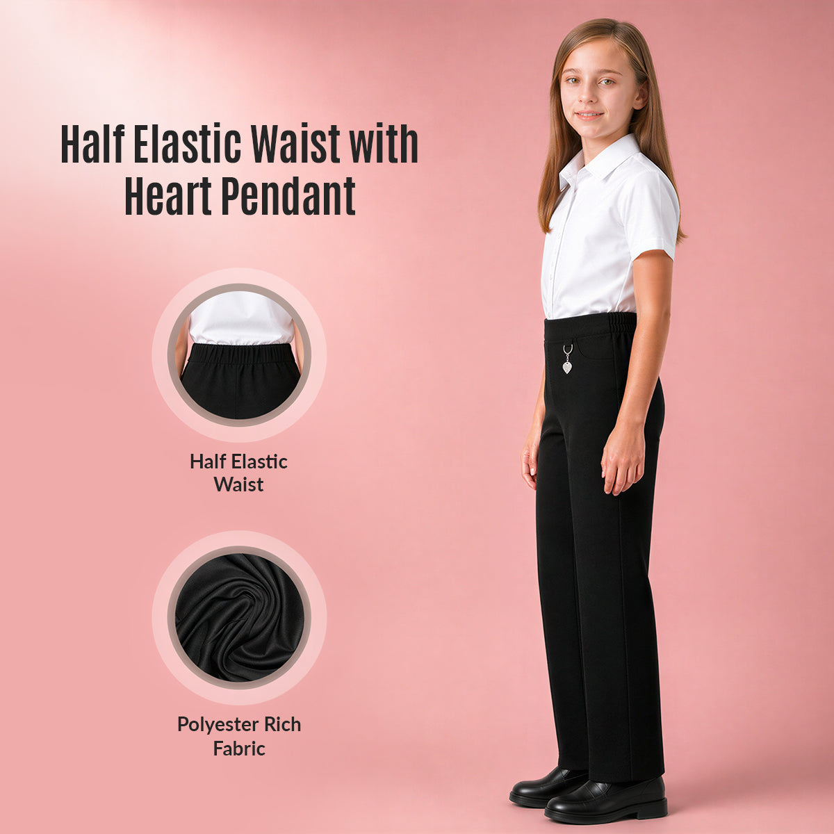 Pack of 2 Black Pull-On School Trousers – Half Elasticated Waist with Heart Pendant