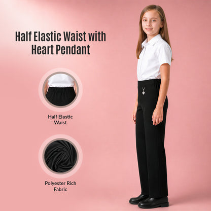 Pack of 2 Black Pull-On School Trousers – Half Elasticated Waist with Heart Pendant