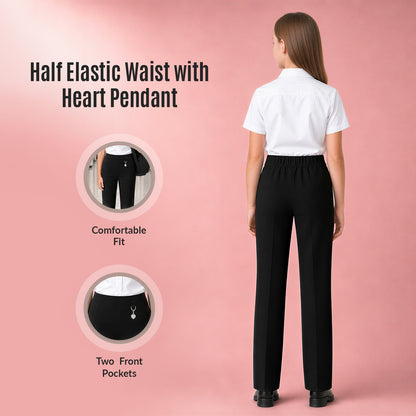 Pack of 2 Black Pull-On School Trousers – Half Elasticated Waist with Heart Pendant