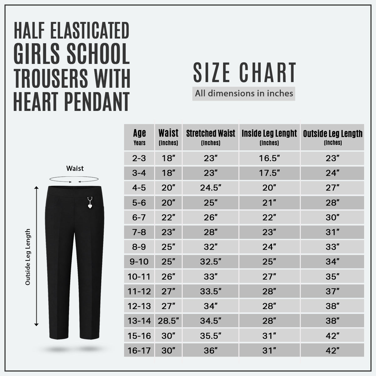 Pack of 2 Black Pull-On School Trousers – Half Elasticated Waist with Heart Pendant