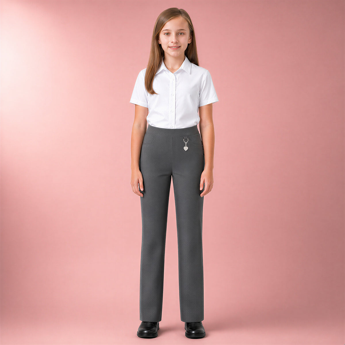Grey Pull-On School Trousers – Half Elasticated Waist with Heart Pendant