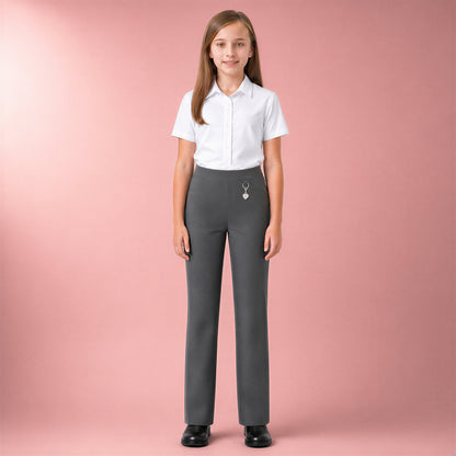 Grey Pull-On School Trousers – Half Elasticated Waist with Heart Pendant