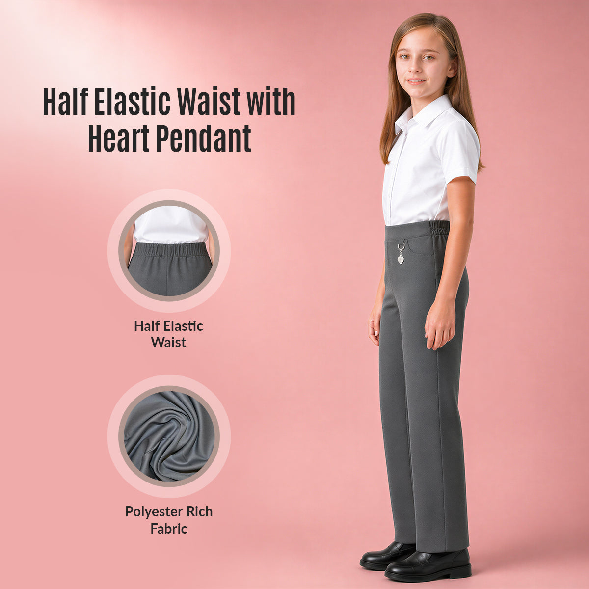 Grey Pull-On School Trousers – Half Elasticated Waist with Heart Pendant