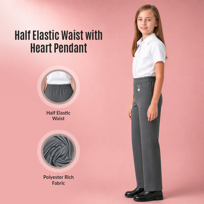 Grey Pull-On School Trousers – Half Elasticated Waist with Heart Pendant