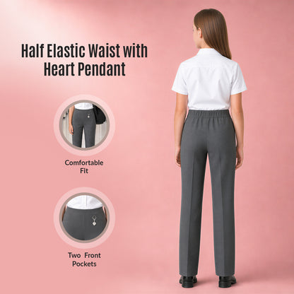 Grey Pull-On School Trousers – Half Elasticated Waist with Heart Pendant