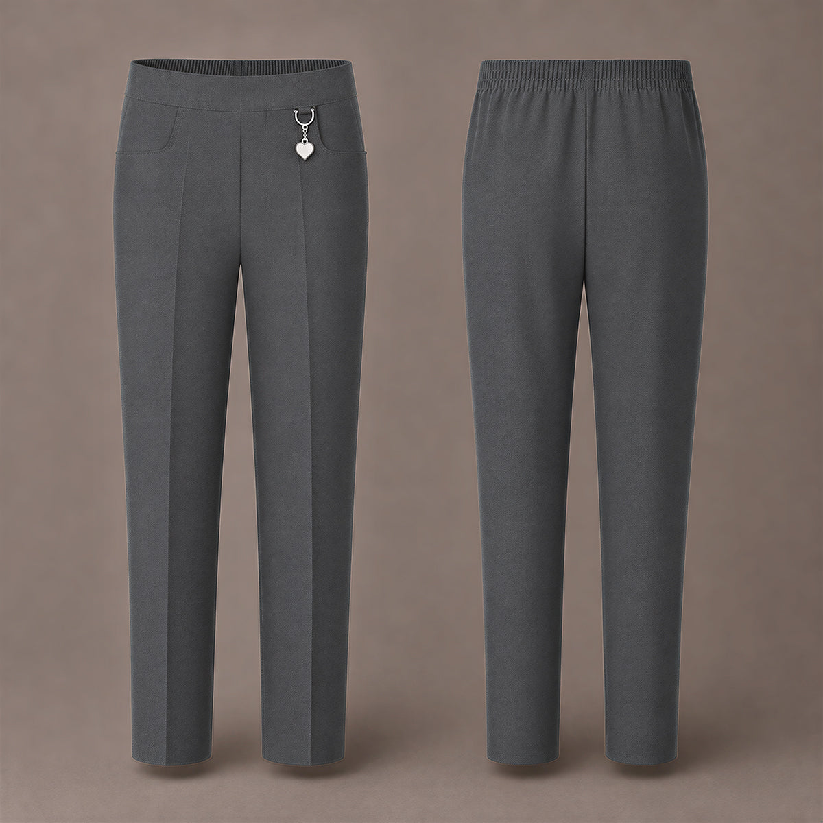 Pack of 2 Grey Pull-On School Trousers – Half Elasticated Waist with Heart Pendant