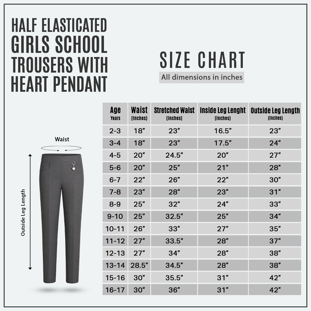Grey Pull-On School Trousers – Half Elasticated Waist with Heart Pendant