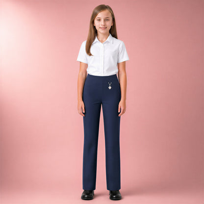 Pack of 2 Navy Pull-On School Trousers – Half Elasticated Waist with Heart Pendant