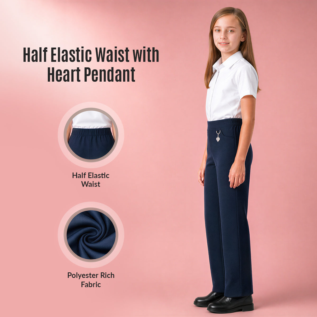 Pack of 2 Navy Pull-On School Trousers – Half Elasticated Waist with Heart Pendant