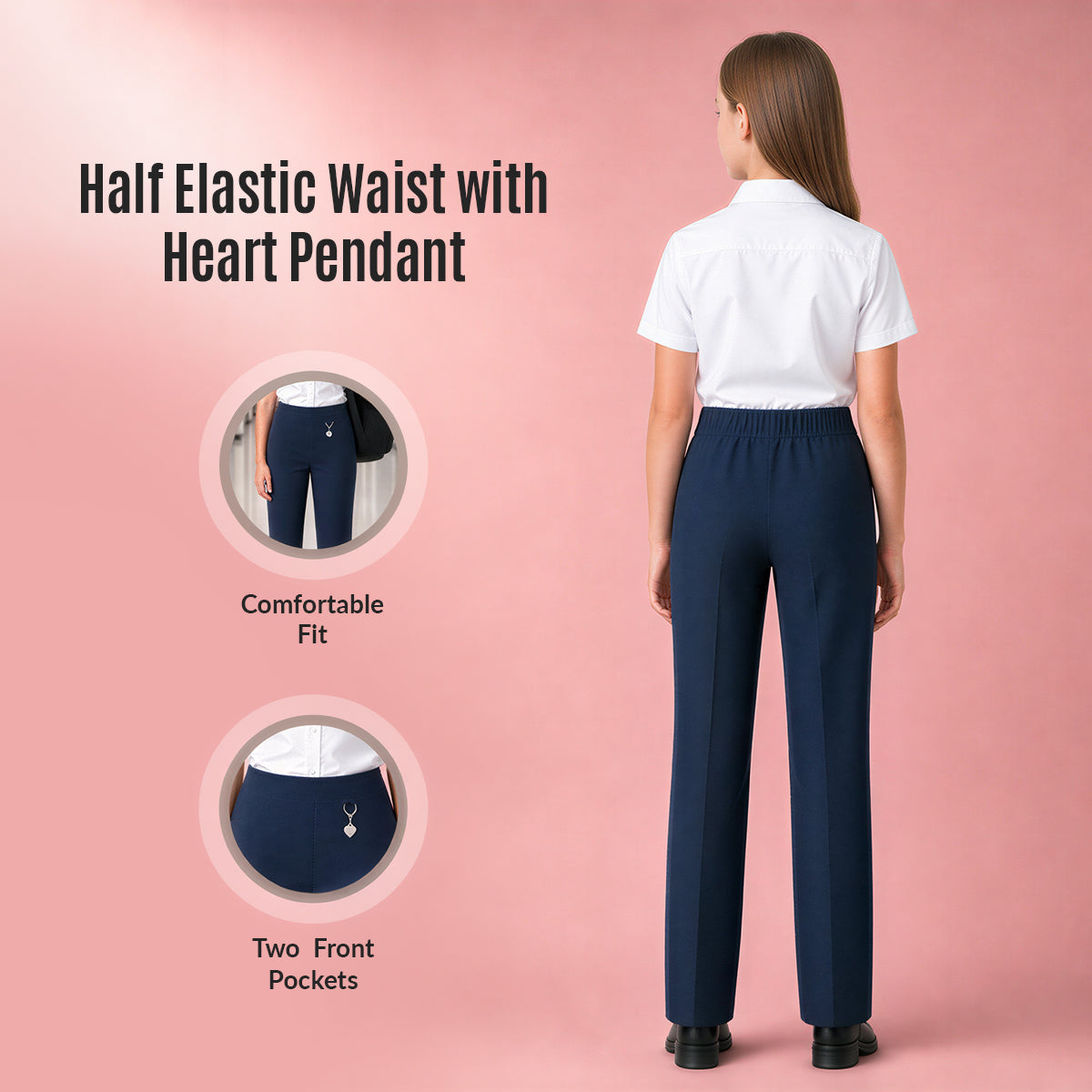 Pack of 2 Navy Pull-On School Trousers – Half Elasticated Waist with Heart Pendant