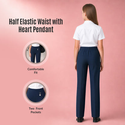 Pack of 2 Navy Pull-On School Trousers – Half Elasticated Waist with Heart Pendant