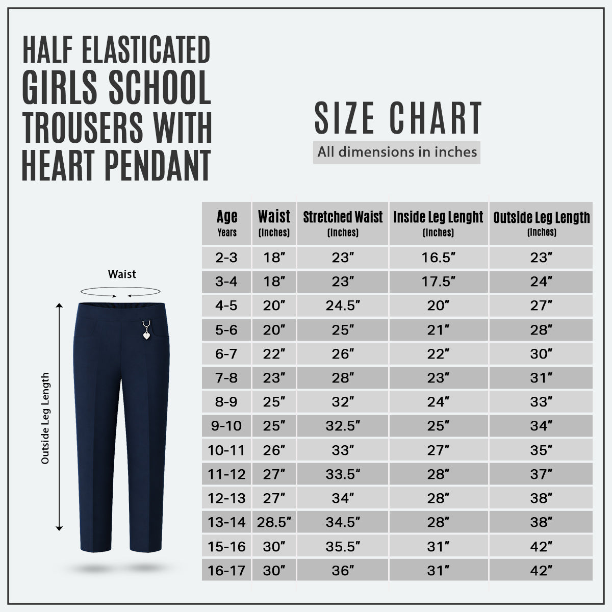Pack of 2 Navy Pull-On School Trousers – Half Elasticated Waist with Heart Pendant