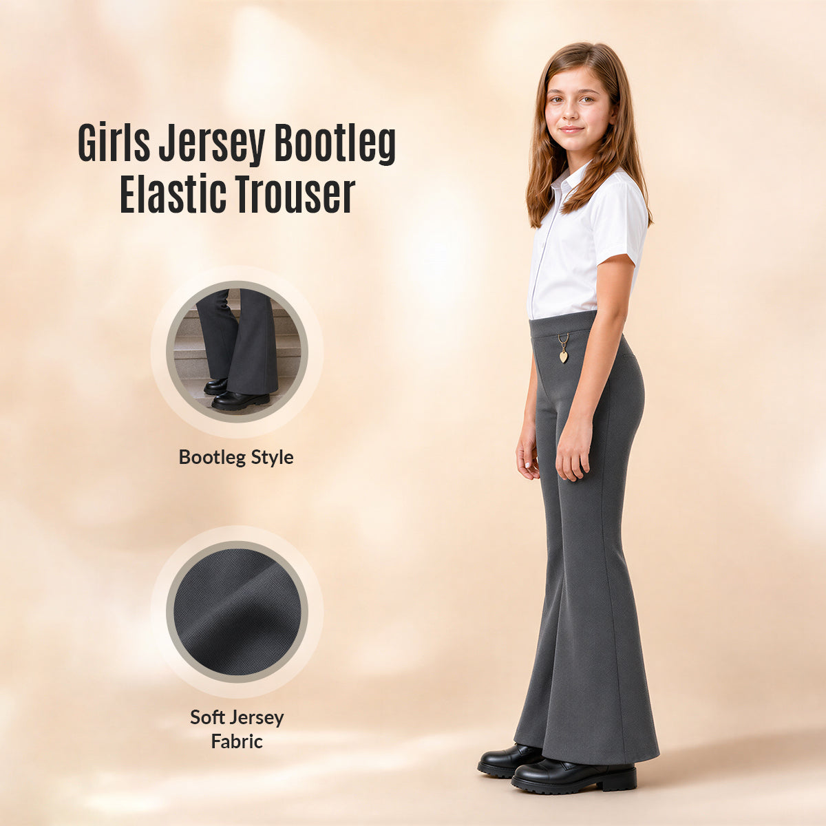 Grey Pull-On Jersey Bootleg School Trouser – Flared Leg with Heart Pendant