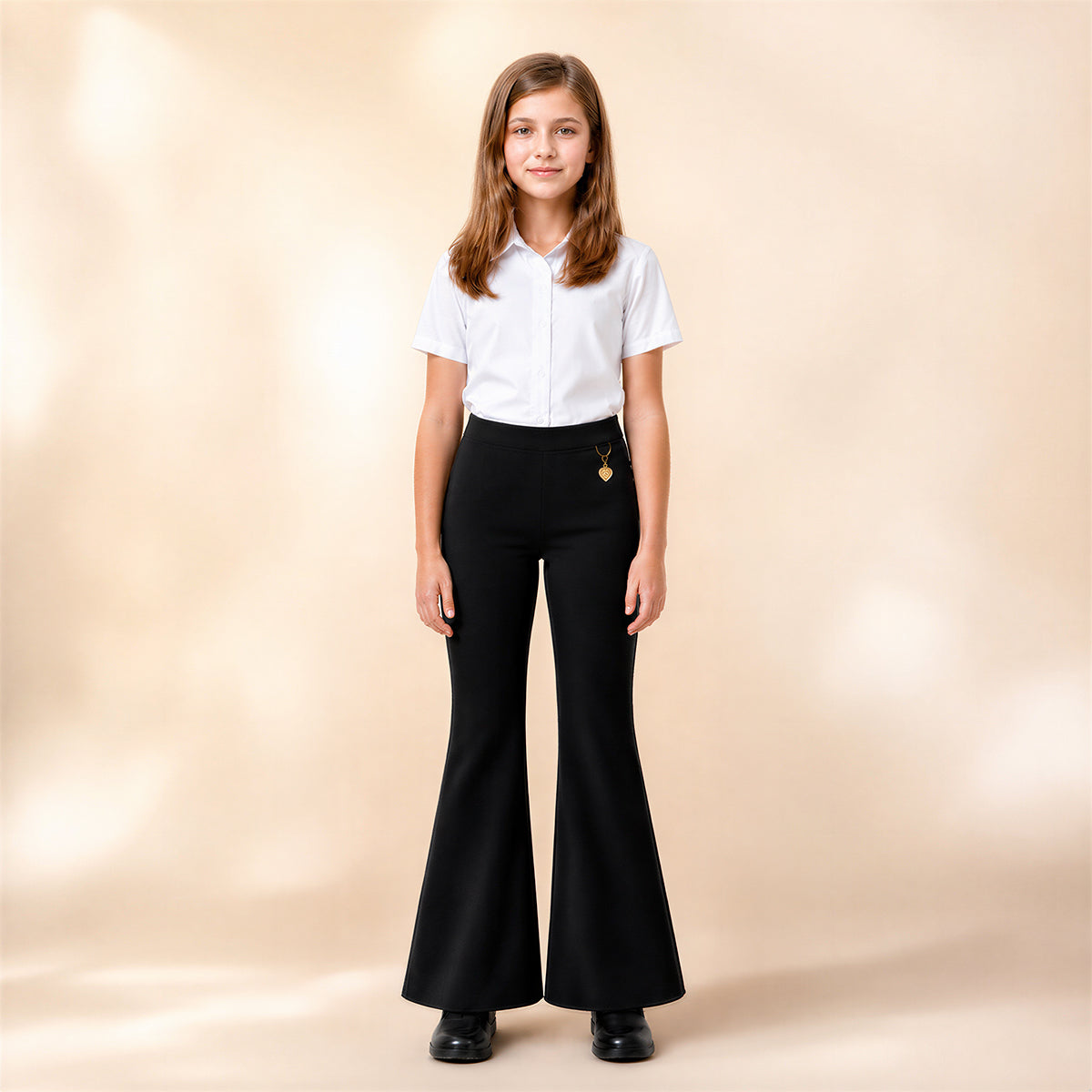 Black Pull-On Jersey Bootleg School Trouser – Flared Leg with Heart Pendant