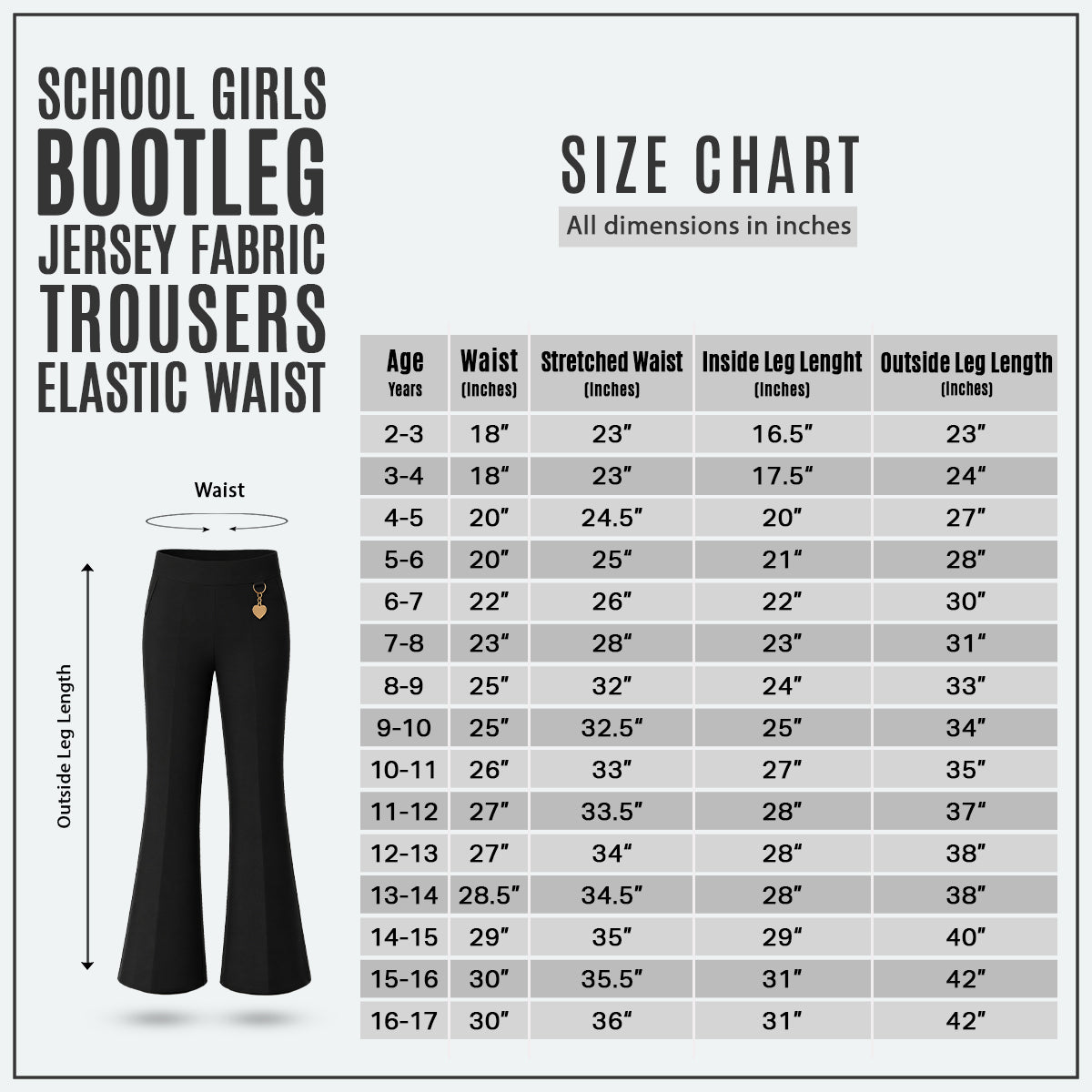 Black Pull-On Jersey Bootleg School Trouser – Flared Leg with Heart Pendant