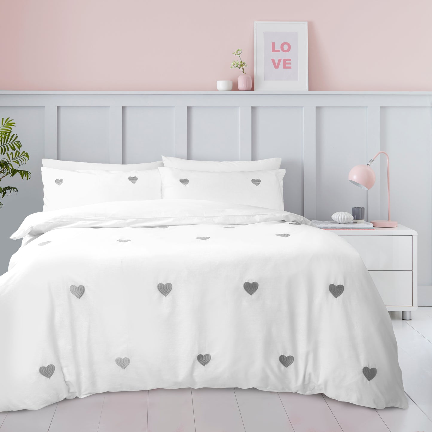 Hearts Embroidered Duvet Cover Set | Grey & Pink