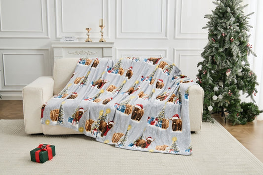 Herbie The Highland Cow & Friends Xmas Flannel Sherpa Throw