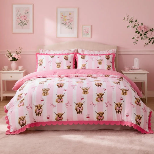 Highland Cow with Bows Scallop Frill Duvet Cover Set