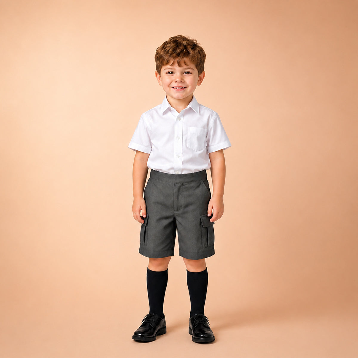 Grey Adjustable Waist Pull Up Cargo School Shorts