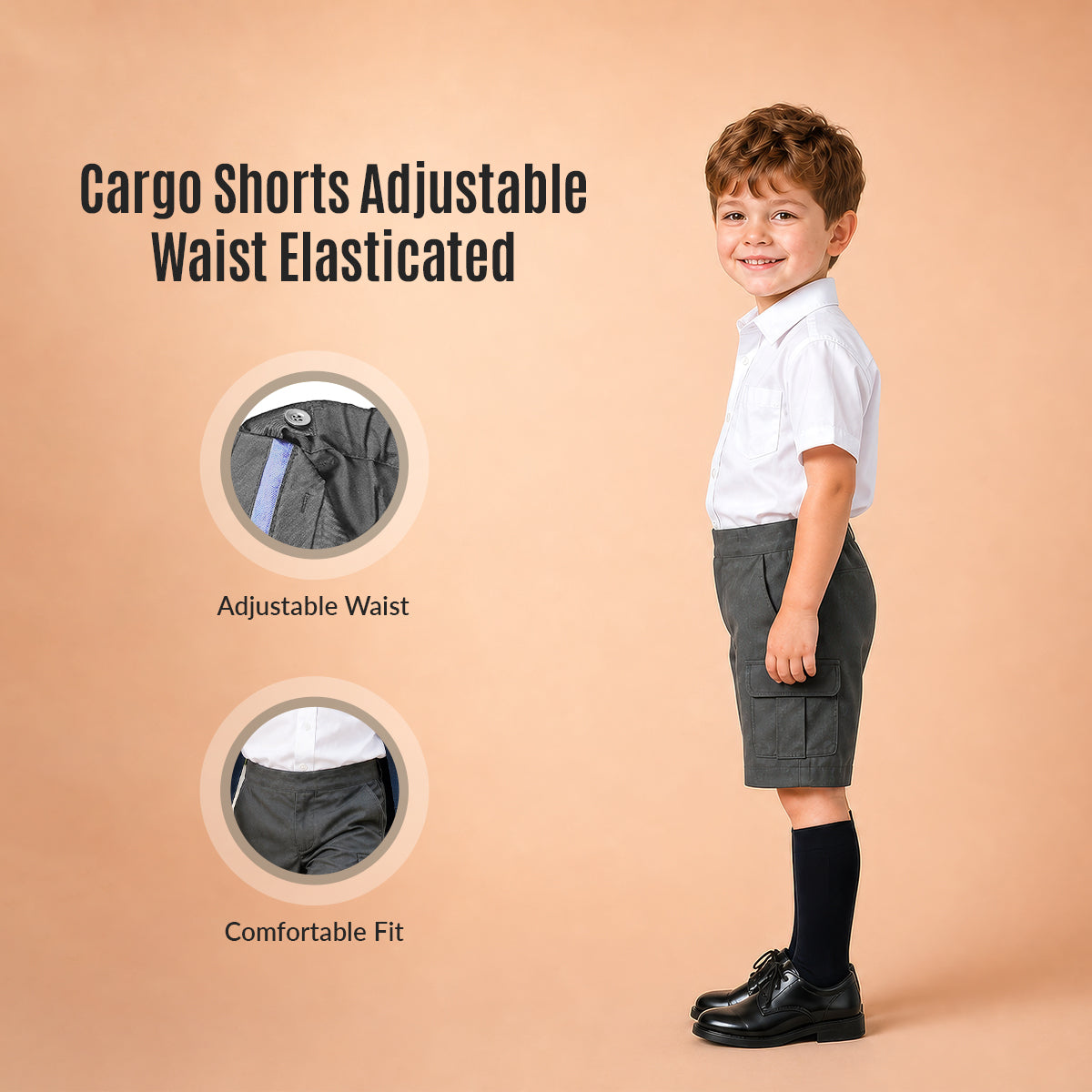 Grey Adjustable Waist Pull Up Cargo School Shorts