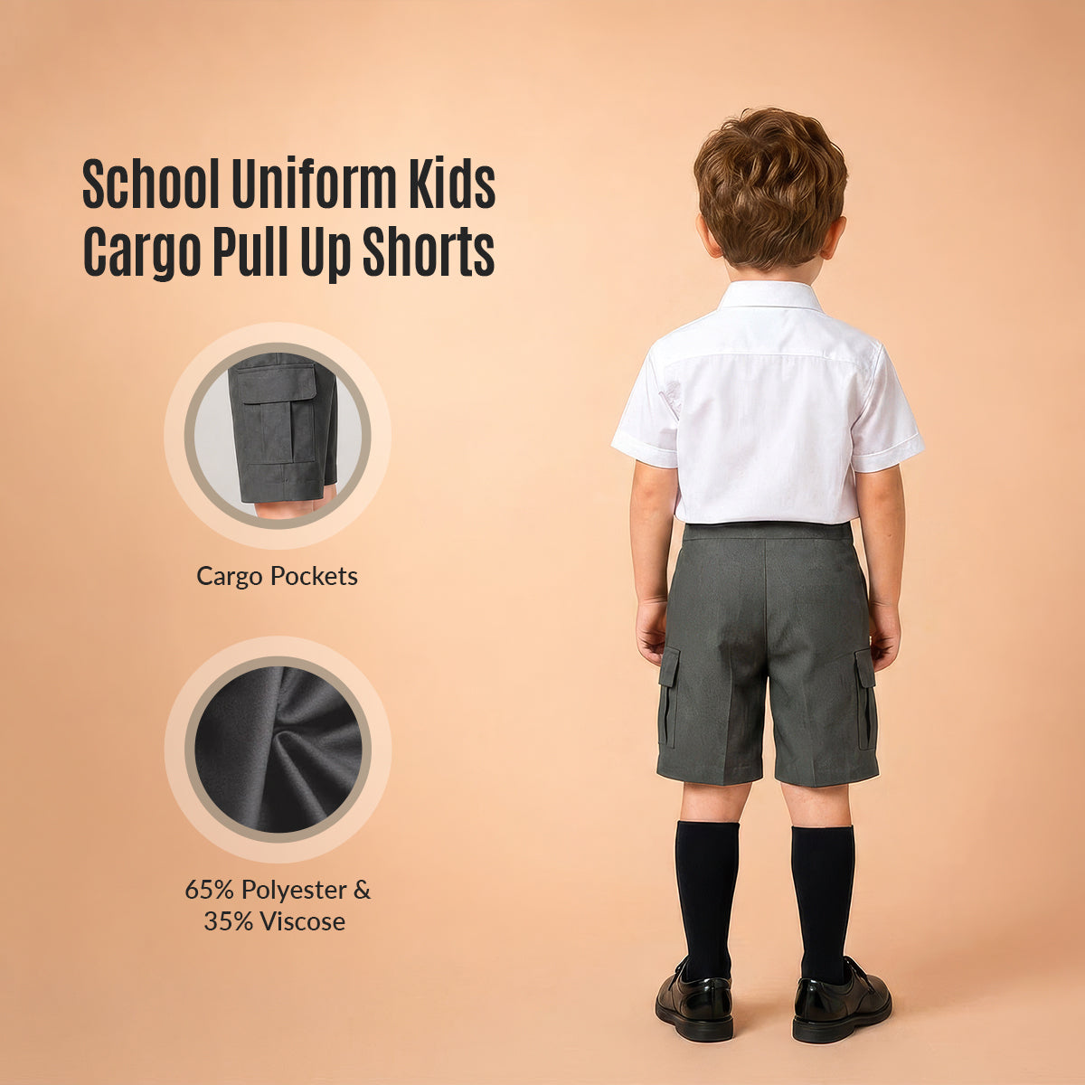 Grey Adjustable Waist Pull Up Cargo School Shorts