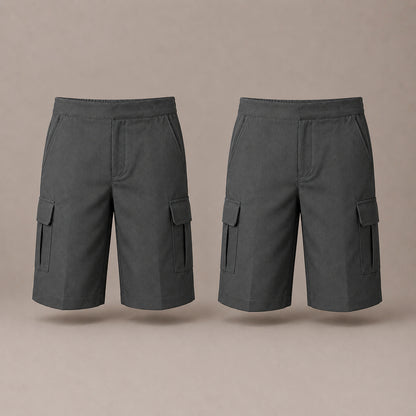 Pack of 2 Grey Adjustable Waist Pull Up Cargo Shorts