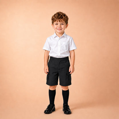 Pack of 2 Black Adjustable Waist Pull Up Cargo School Shorts