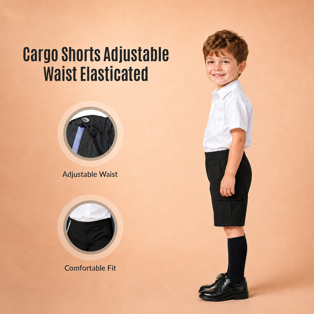 Pack of 2 Black Adjustable Waist Pull Up Cargo School Shorts
