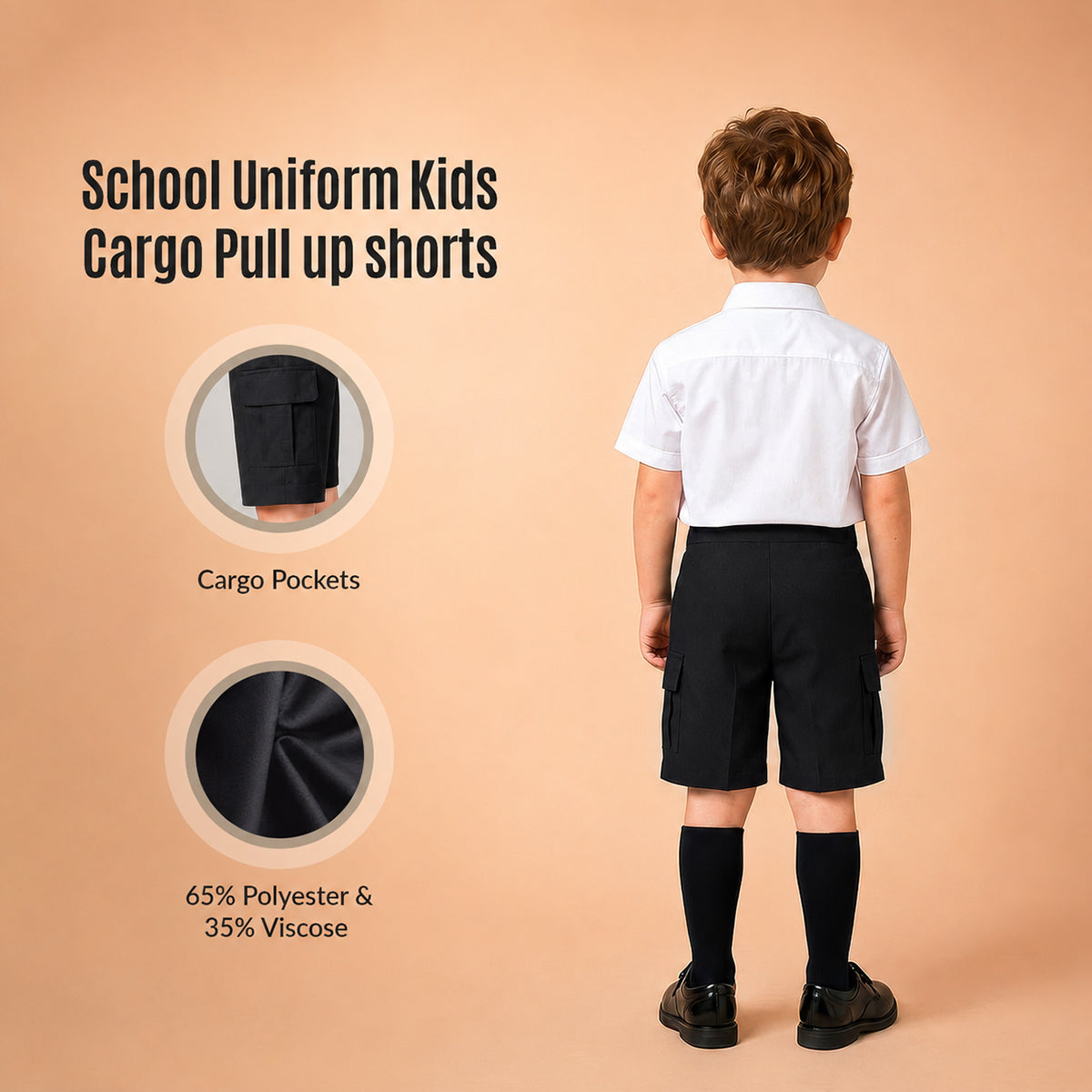 Pack of 2 Black Adjustable Waist Pull Up Cargo School Shorts