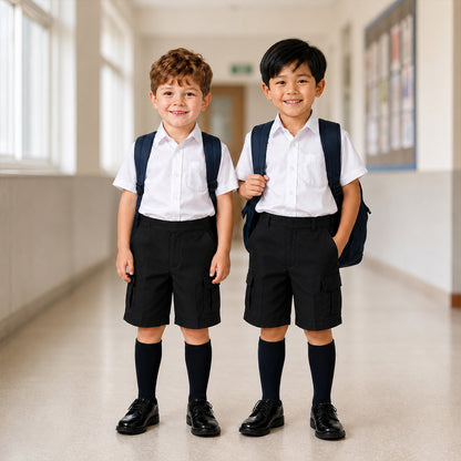 Pack of 2 Black Adjustable Waist Pull Up Cargo School Shorts