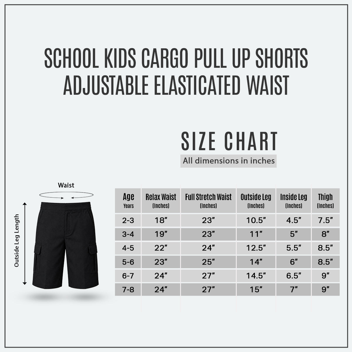 Pack of 2 Black Adjustable Waist Pull Up Cargo School Shorts