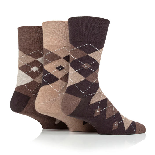 Men’s Brown Natural Argyle Gentle Grip Cotton Rich Socks