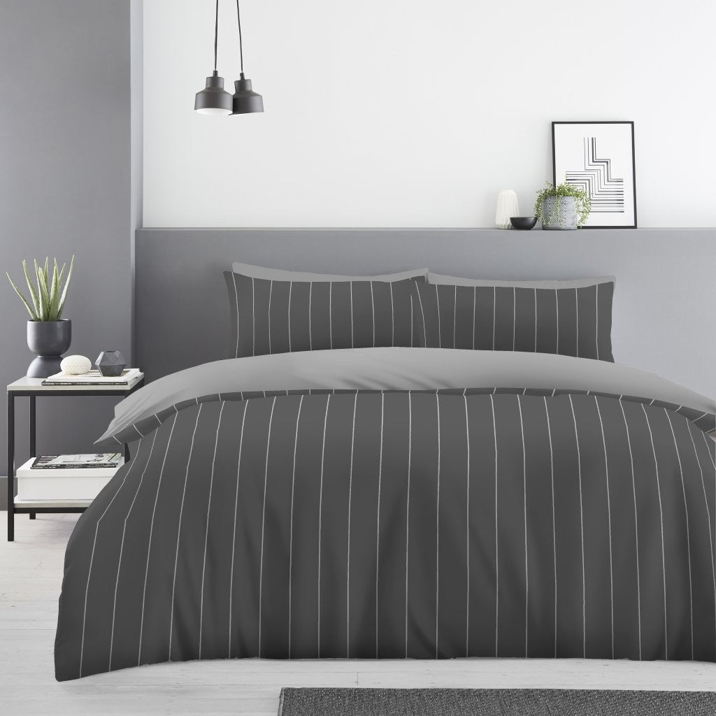 Lewis Stripe Charcoal Printed Duvet Cover Set