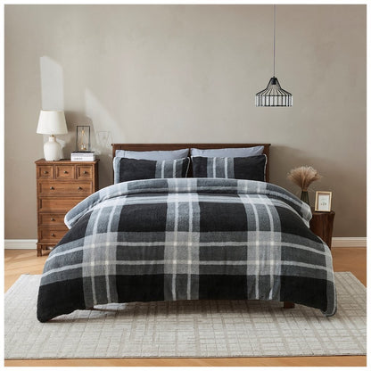 Liam Check Printed Teddy Duvet Cover Set | 6 Colours