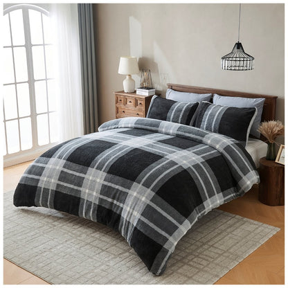 Liam Check Printed Teddy Duvet Cover Set | 6 Colours