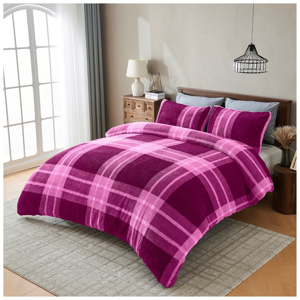 Liam Check Printed Teddy Duvet Cover Set | 6 Colours